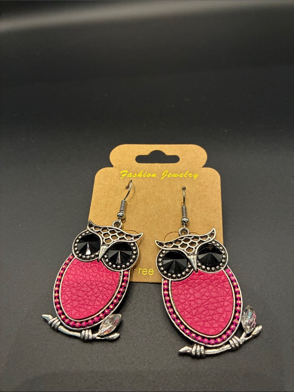Fashion Jewelry Pink and Black Owl Dangle Earrings